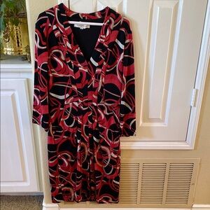 Abstract Print V-Neck Dress - Red and Black